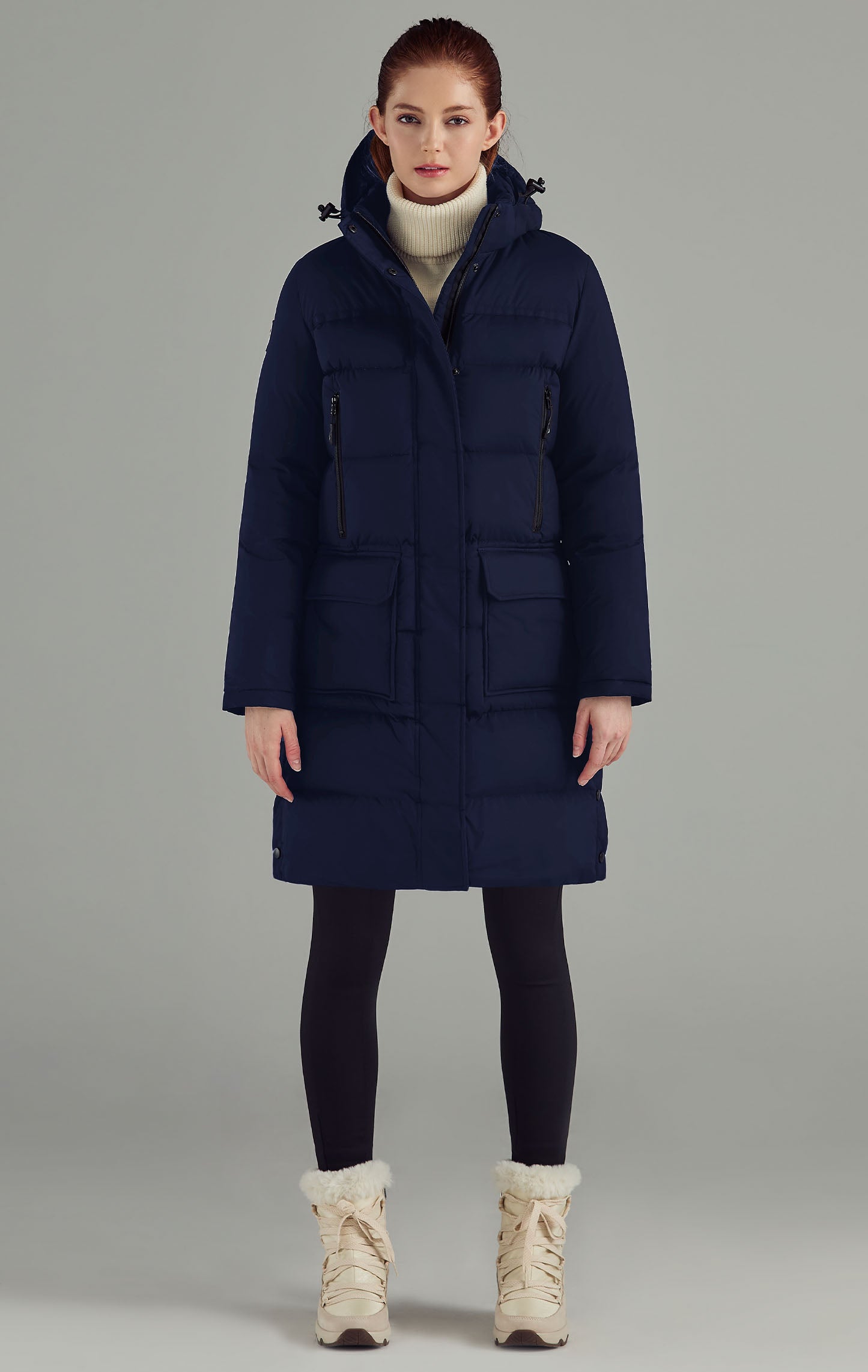 Womens long navy puffer hot sale coat